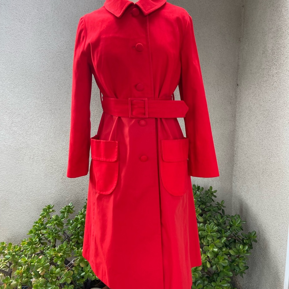 Price Firm vtg Mod red button coat lined pockets belt  sz 8 S/M I. Magnin & Co